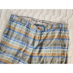Tommy Bahama Shorts Mens 38 Blue Tan Plaid Linen Blend Preppy Summer Inseam 9"